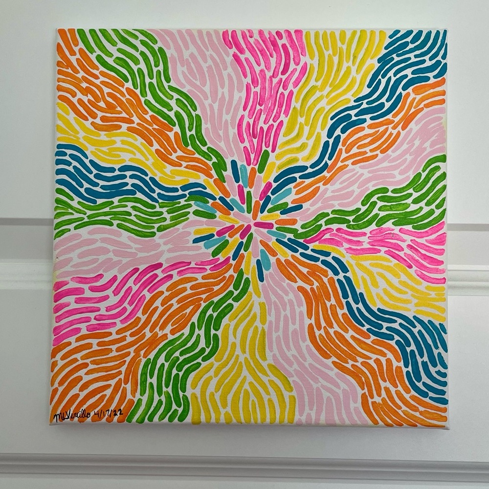 🎉🎉🌈 ORIGINAL Squiggle Rainbow Explosion Painting 10”x10” Vivid Bright Colors